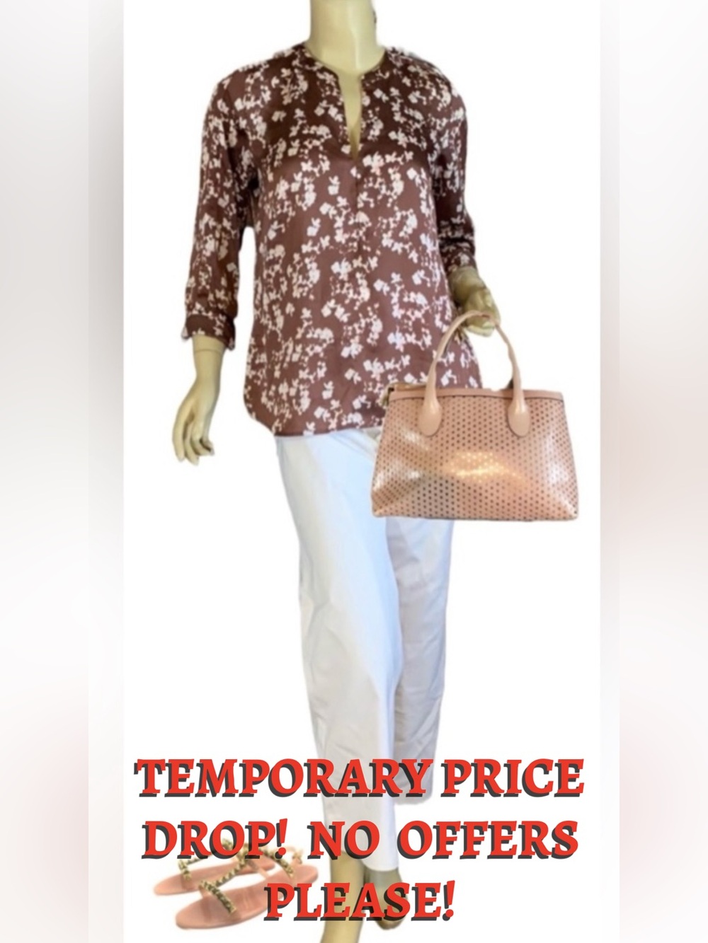 THE LIMITED BROWN AND PINK FLORAL PRINT SATIN 3/4 SLEEVE TUNIC (S)